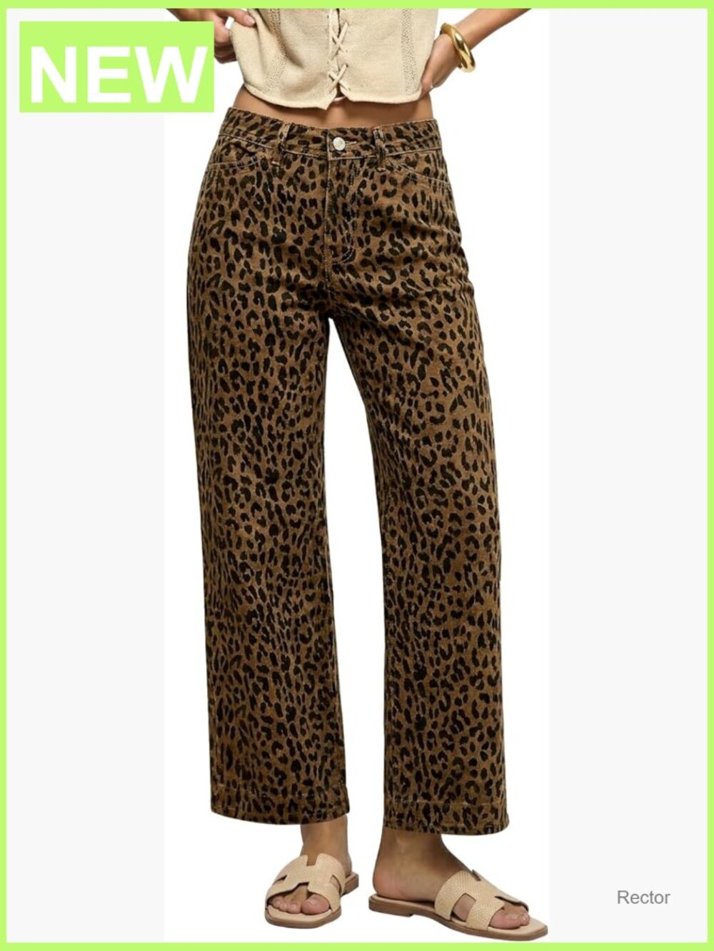 High Waisted Wide Leg Jeans Stretchy Denim Animal Print Ankle Length Pants